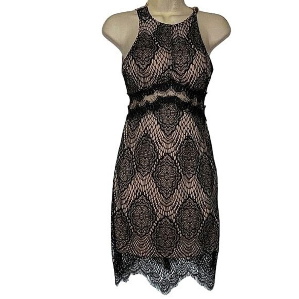 Lulus Black Lace Nude Lining Halter Handkerchief‎ Hem Cocktail Dress LD9114H XS